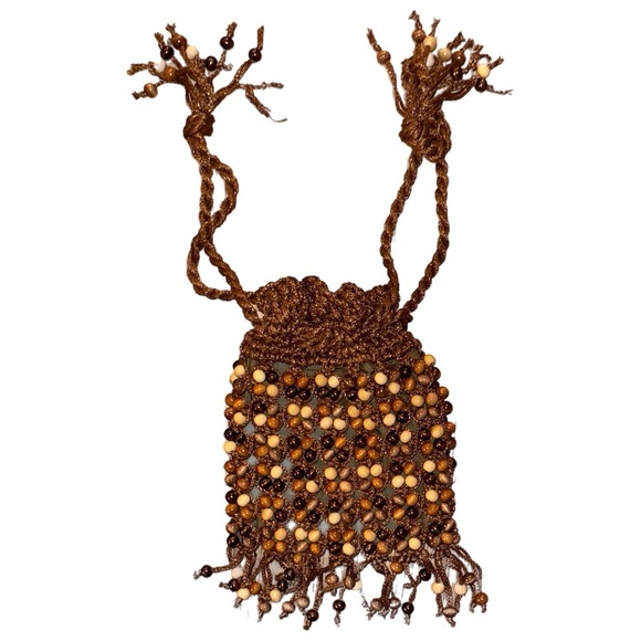 Walborg Handbags - Vintage Beaded WALBORG Brown Wood Bead Women Purse Bag Fringe Handmade In Japan
